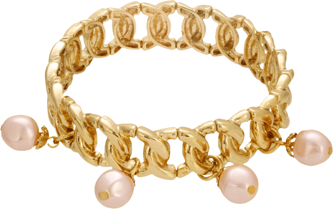 Gold Tone Peach Imitation Pearl Drop Stretch Bracelet