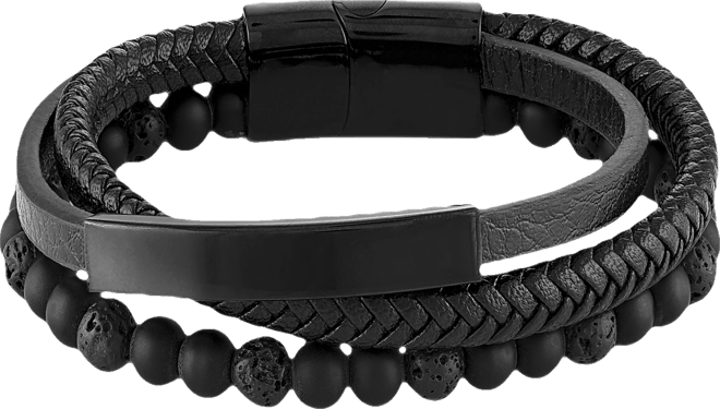 Men's Onyx & Lava Bead Triple Row Braided Leather Bracelet in Black Ion-Plated Stainless Steel (Also in Onyx/Sodalite)
