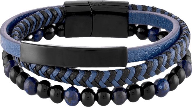 Men's Onyx & Lava Bead Triple Row Braided Leather Bracelet in Black Ion-Plated Stainless Steel (Also in Onyx/Sodalite)