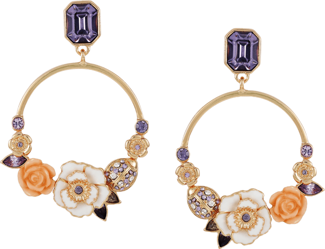 Gold-Tone Mixed Color Stone Flower Front-Facing Drop Hoop Earrings