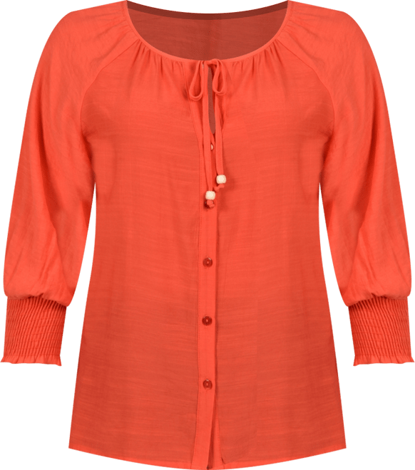 Petite Button Front 3/4 Sleeve Blouse