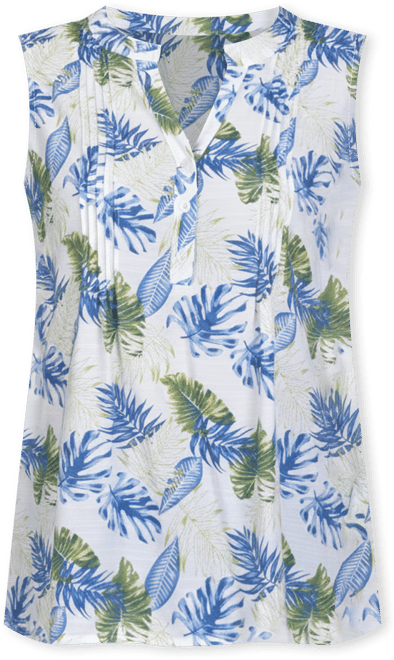 Petite Sleeveless Printed Pintucked Blouse