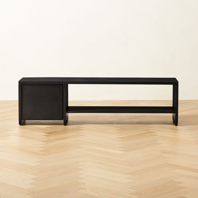 Large Black Leather Woven Bench