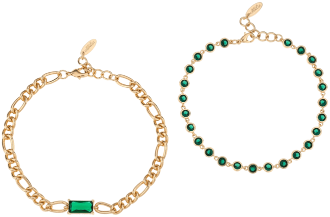 Bejeweled Emerald 18K Gold Plated Anklet Set, 2 Pieces