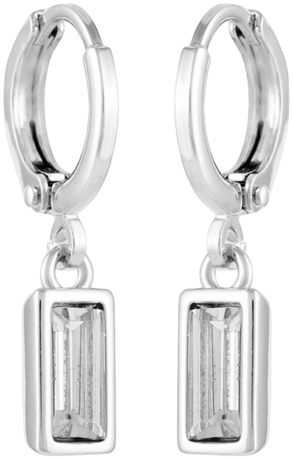 Silver-Tone Rectangular Glass Stone Dangle Huggie Hoop Earrings
