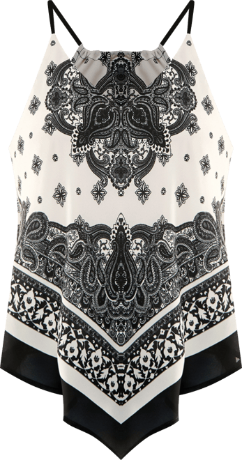 Juniors' Printed Handkerchief-Hem Sleeveless Top