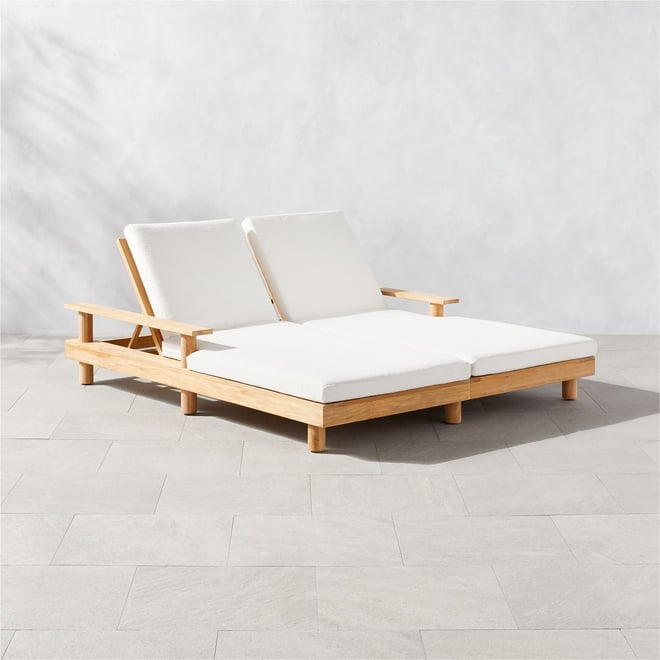 Pinet Teak Outdoor Double Chaise Lounge with Textured Ivory