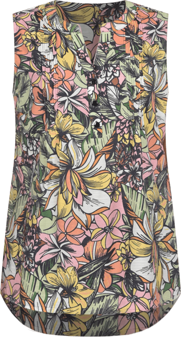 Petite Sleeveless Printed Pintucked Blouse