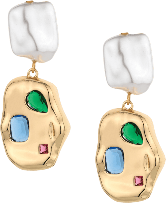 Rainbow Glass Nugget and Imitation Pearl 18K Gold Plated Earrings