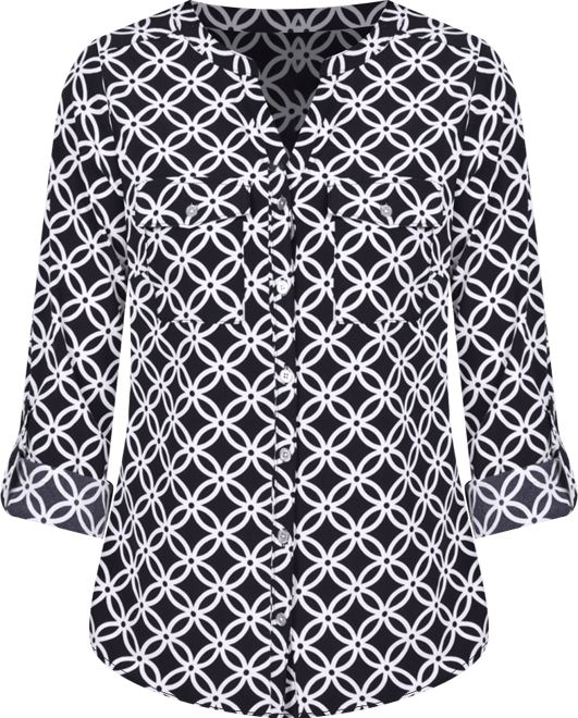 Women's 3/4 Roll Tab Sleeve Mandarin Collar Blouse