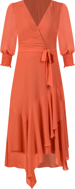 Petite 3/4 Sleeve Belted Chiffon Handkerchief Hem Dress