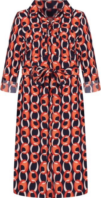 Petite Geometric Printed Long Sleeve Roll Tab Shirtdress