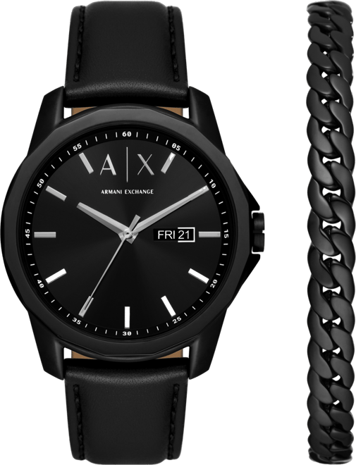 A|X Armani Exchange Men's Three-Hand Day-Date Quartz Black Leather
