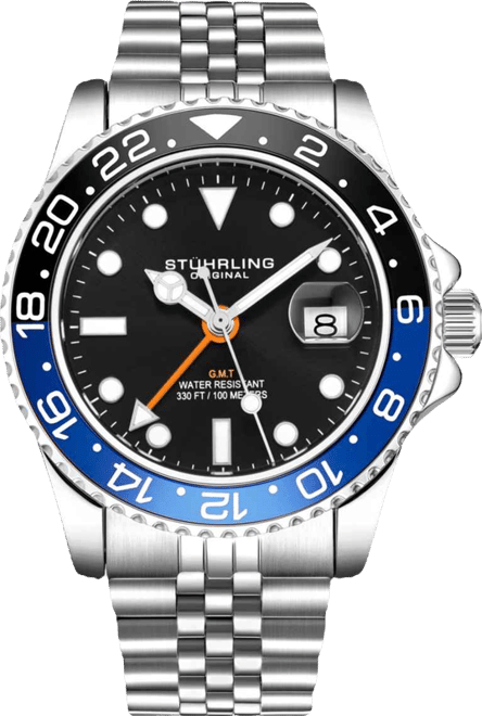 Meridian 3968 Men s Gmt Diver Watch – Quartz Movement, 42mm Stainless Steel Case, Black Dial, Blue/Black Bezel