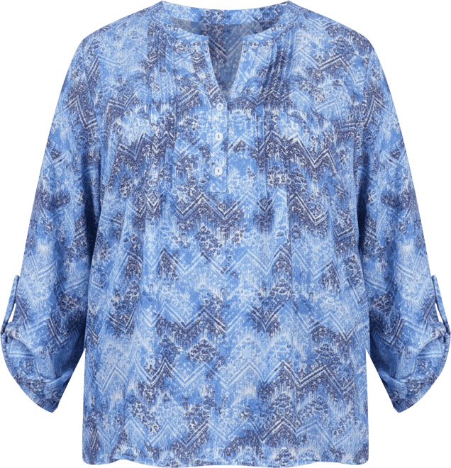 Plus Size Long Roll Tab Sleeve Pintuck Front Blouse