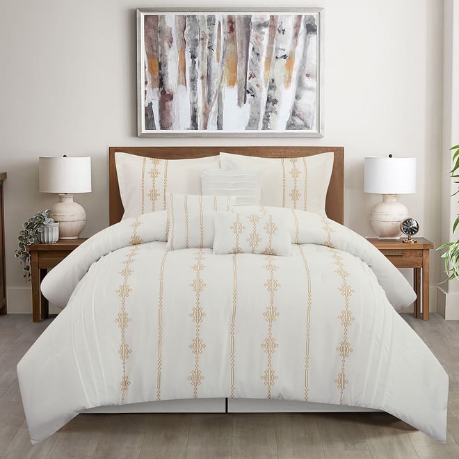 7-Piece White & Gold Stripe Embellished Comforter Set, Queen, Sold by at Home