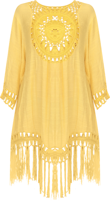 Women's Crocheted Fringed Trim 3/4 Sleeves Cover Up Dress