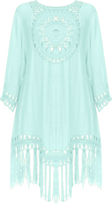 Women's Crocheted Fringed Trim 3/4 Sleeves Cover Up Dress
