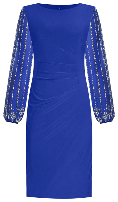 marina long sleeve lace dress Marina Round Neck Beaded Lace Long Sleeve Side Drape Sheath Dress, Womens, 12, Cobalt