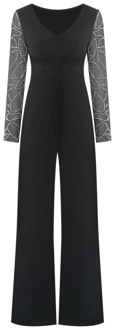 Marina Matte Jersey Sheer Beaded Long Sleeve V-Neck Knot Bodice