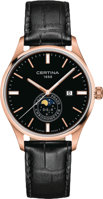 Men's Swiss Ds-8 Moon Phase Black Leather Strap Watch 41mm