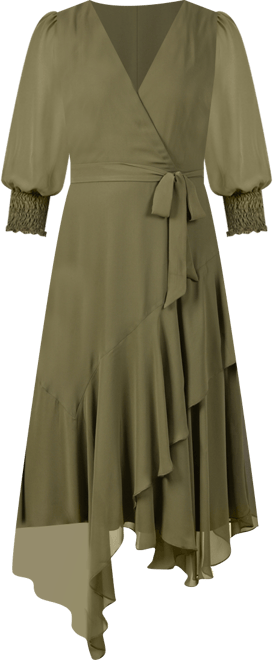 Women's 3/4 Sleeve Belted Chiffon Handkerchief Hem Dress