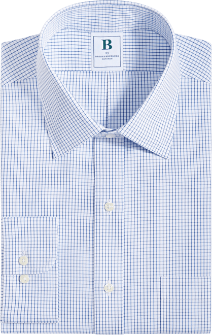 Men's Regular Fit Non-Iron Polo Button-Down Collar Blue Check Pinpoint Dress Shirt
