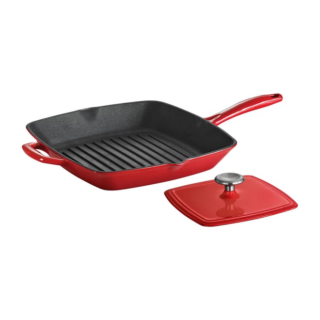 Tramontina Enameled Cast-Iron Grill Pan with Press, Red, 11