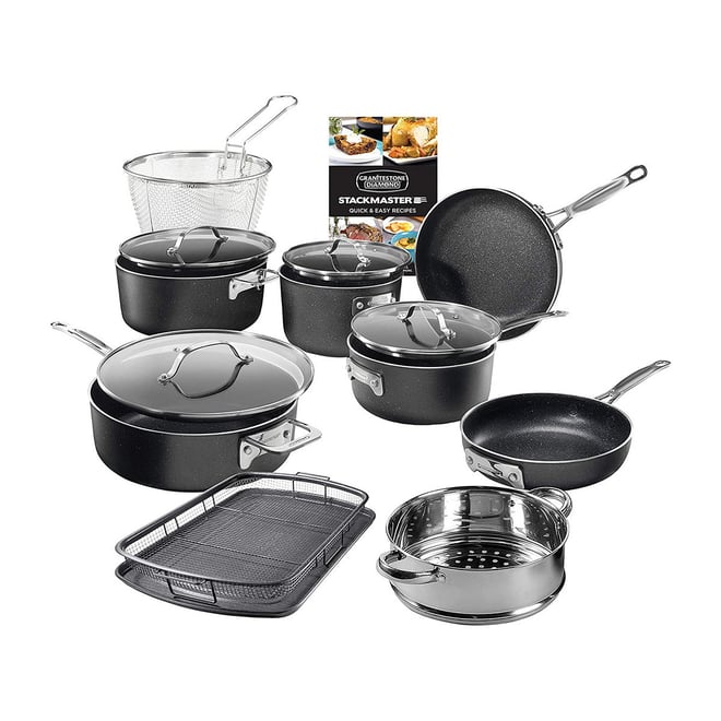 Calphalon Classic Hard-Anodized Nonstick Cookware 14-Piece Pots and Pans Set with No-Boil-Over Inserts - Black, Stainless Steel