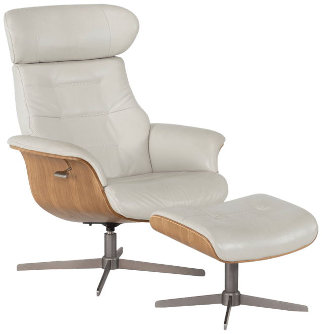 Amala Bone Leather Reclining Swivel Arm Chair with Adjustable Headrest And  Ottoman