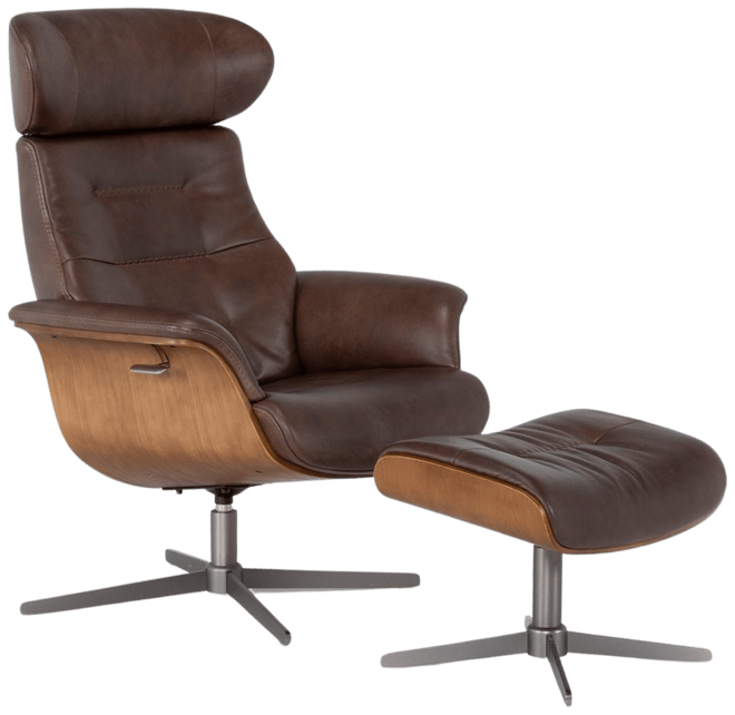 Amala Brown Leather Reclining Swivel Arm Chair with Adjustable Headrest And  Ottoman