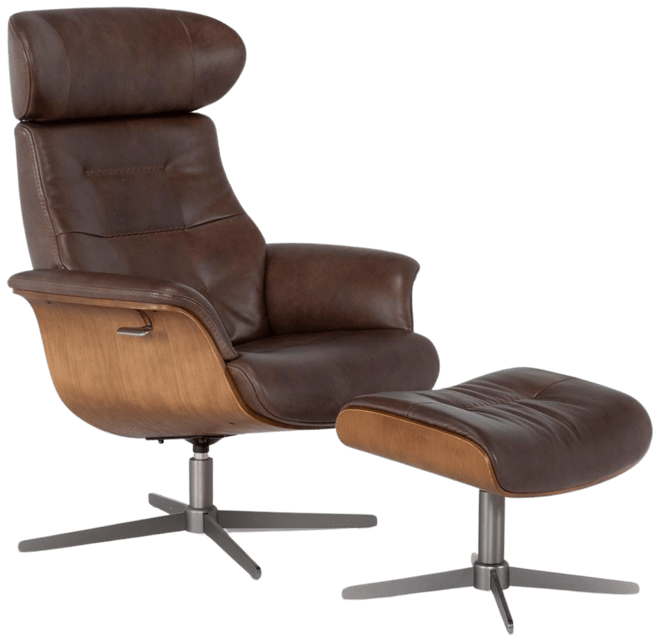 Amala Bone Leather Reclining Swivel Arm Chair with Adjustable Headrest And  Ottoman