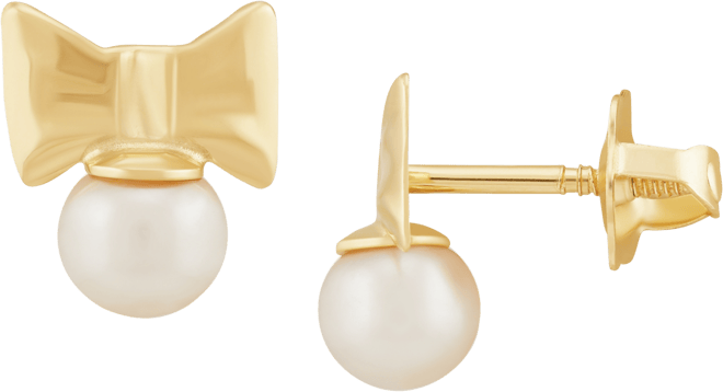 Children's Cultured Freshwater Pearl (3-3/4mm) Bow Stud Earrings in 14k Gold