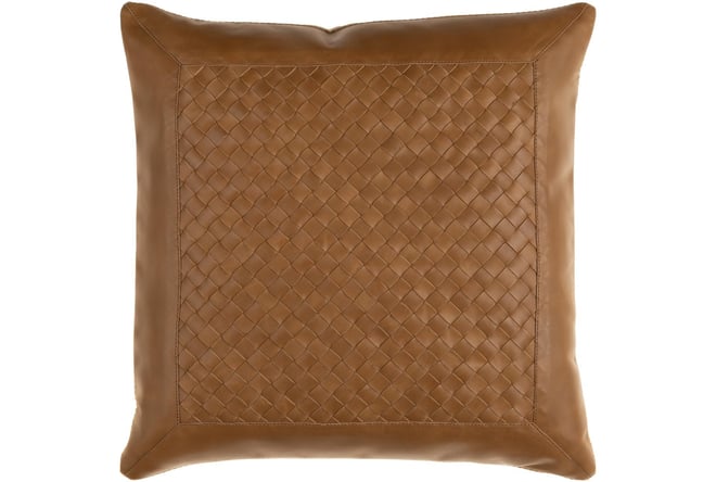 18x18 Inch Pillow Brown Cotton & Faux Leather With Polyester Fill