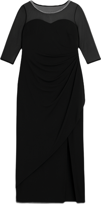 Plus Size Illusion-Trim Ruffled Gown