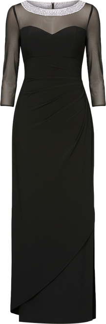 Petite 3/4-Sleeve Illusion Ruffled Gown