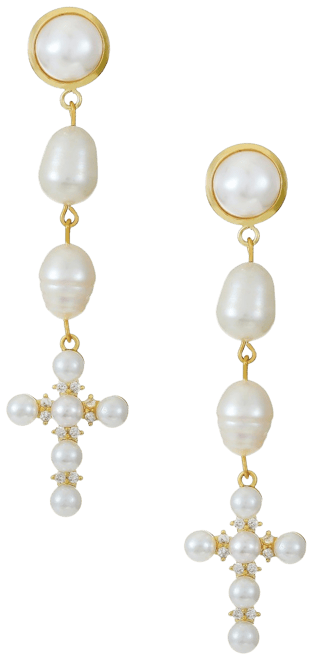 Freshwater Pearl Cross 18K Gold Plated Drop Earrings