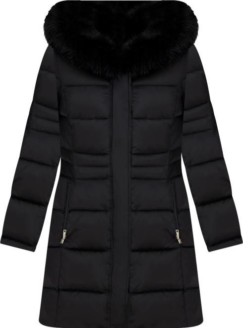 Womens Velvet Bibbed Faux-Fur Hooded Puffer Coat
