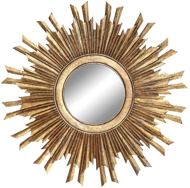 Round Wood Sunburst Wall Mirror, Gold-Tone