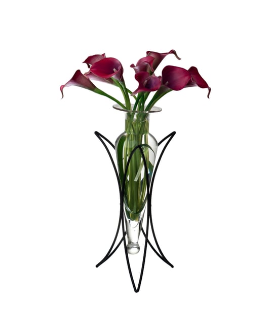 . Clear Amphora Vase on Half Moon Metal Stand