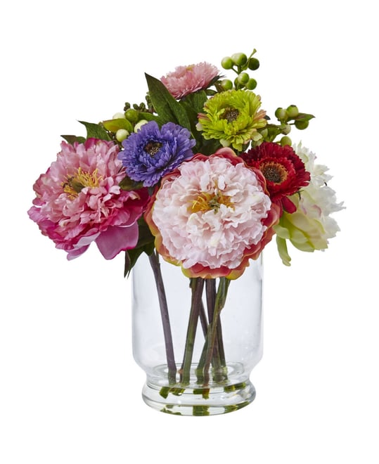 Peony & Mum in Glass Vase