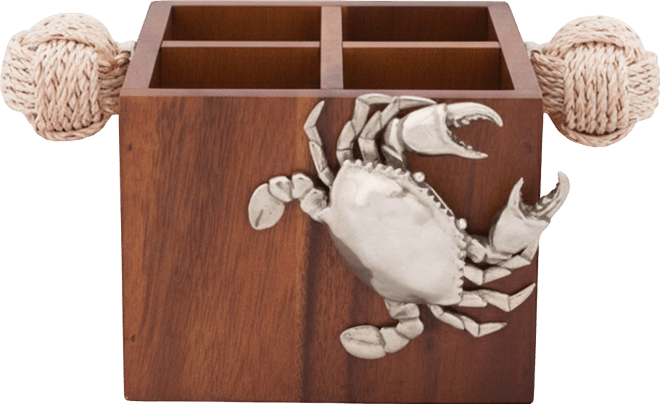 Caddy Square Acacia Wood Flatware, Serve Ware, Utensil, Carry-All Holder with Solid Pewter Crab Accent and Real Rope Handles, 4 Compart