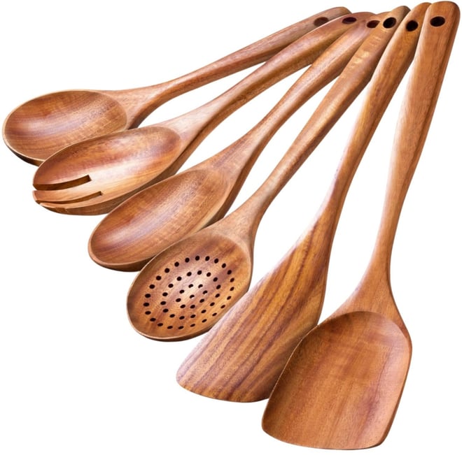 6-Piece Natural Teak Wooden Utensils for Cooking