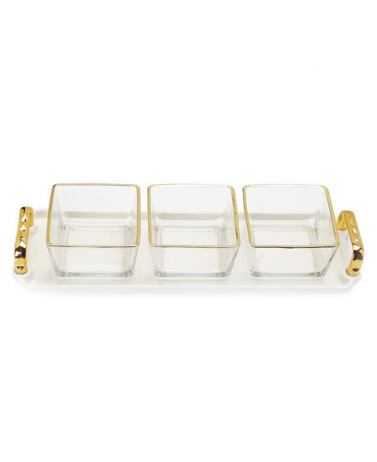 3-Piece Trimmed Glass Bowl on Serving Dish Tray