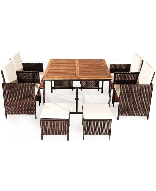 9PCS Patio Rattan Dining Set Cushioned Chairs Ottoman Wood Table Top