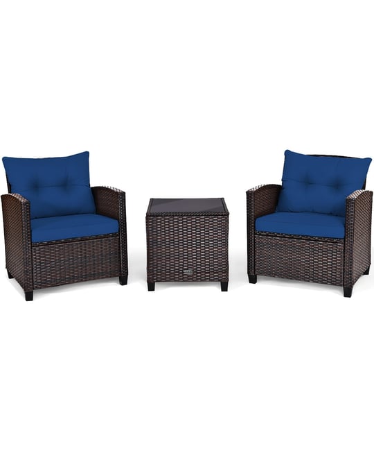 3PCS Patio Rattan Furniture Set Cushioned Sofa Coffee Table Garden