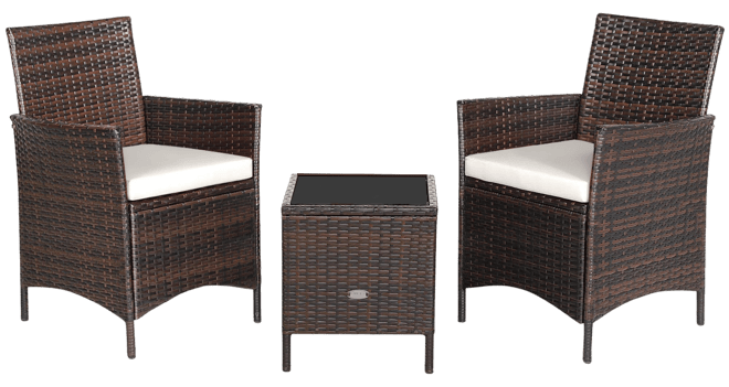 3PCS Patio Rattan Furniture Set Cushioned Sofa Glass Tabletop Deck