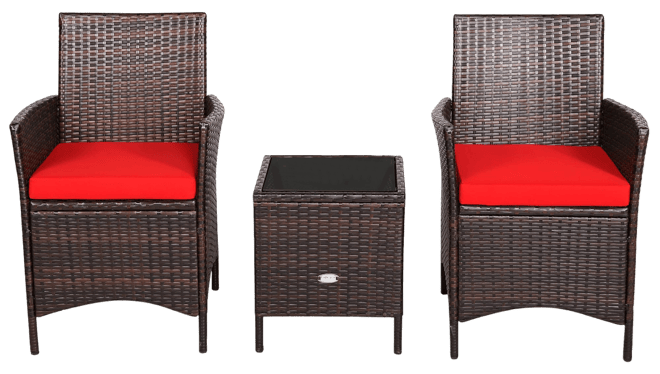 3PCS Patio Rattan Furniture Set Cushioned Sofa Glass Tabletop Deck