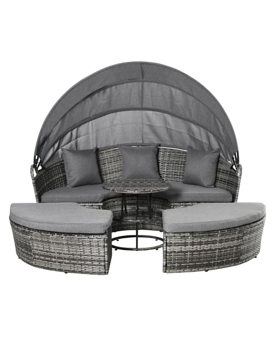 4pc Rattan Patio Furniture Set, Round Convertible Daybed or Sunbed, Adjustable Sun Canopy, Sectional Outdoor Sofa, 2 Chairs, Extending Tea Ta