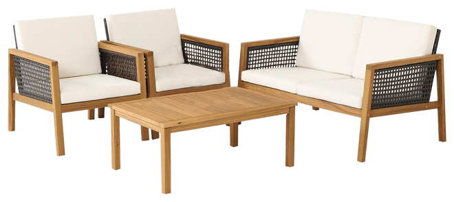 4PCS Patio Rattan Furniture Set Acacia Wood Cushioned Sofa